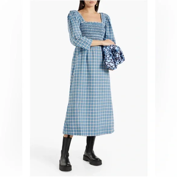 Ganni Seersucker Gingham Smocked Puff Sleeve Dress Black White Size 34 US 2 - Picture 1 of 8